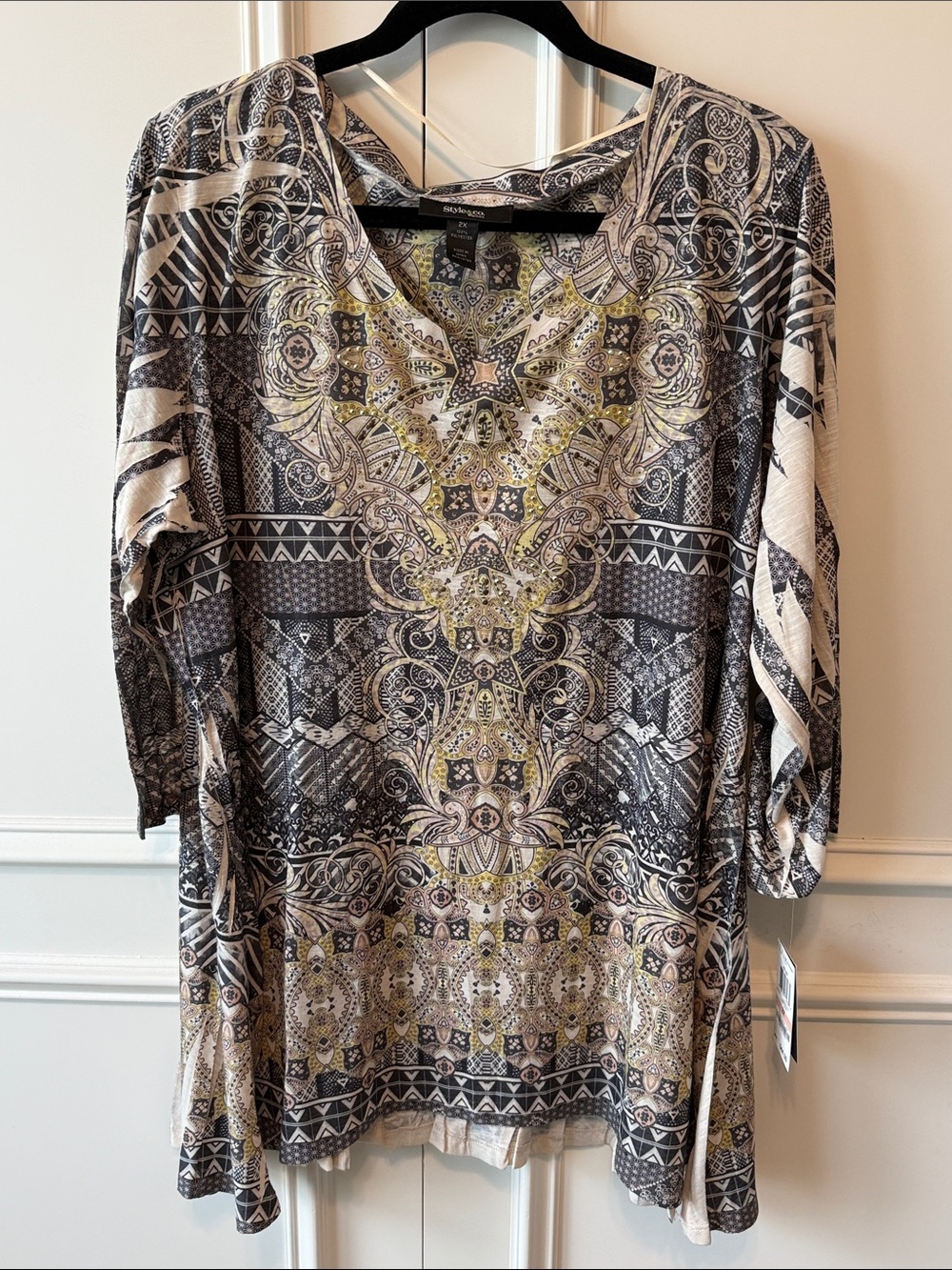 Style & Co. V-Neck Tunic Top in Cream, Black & Olive Accent